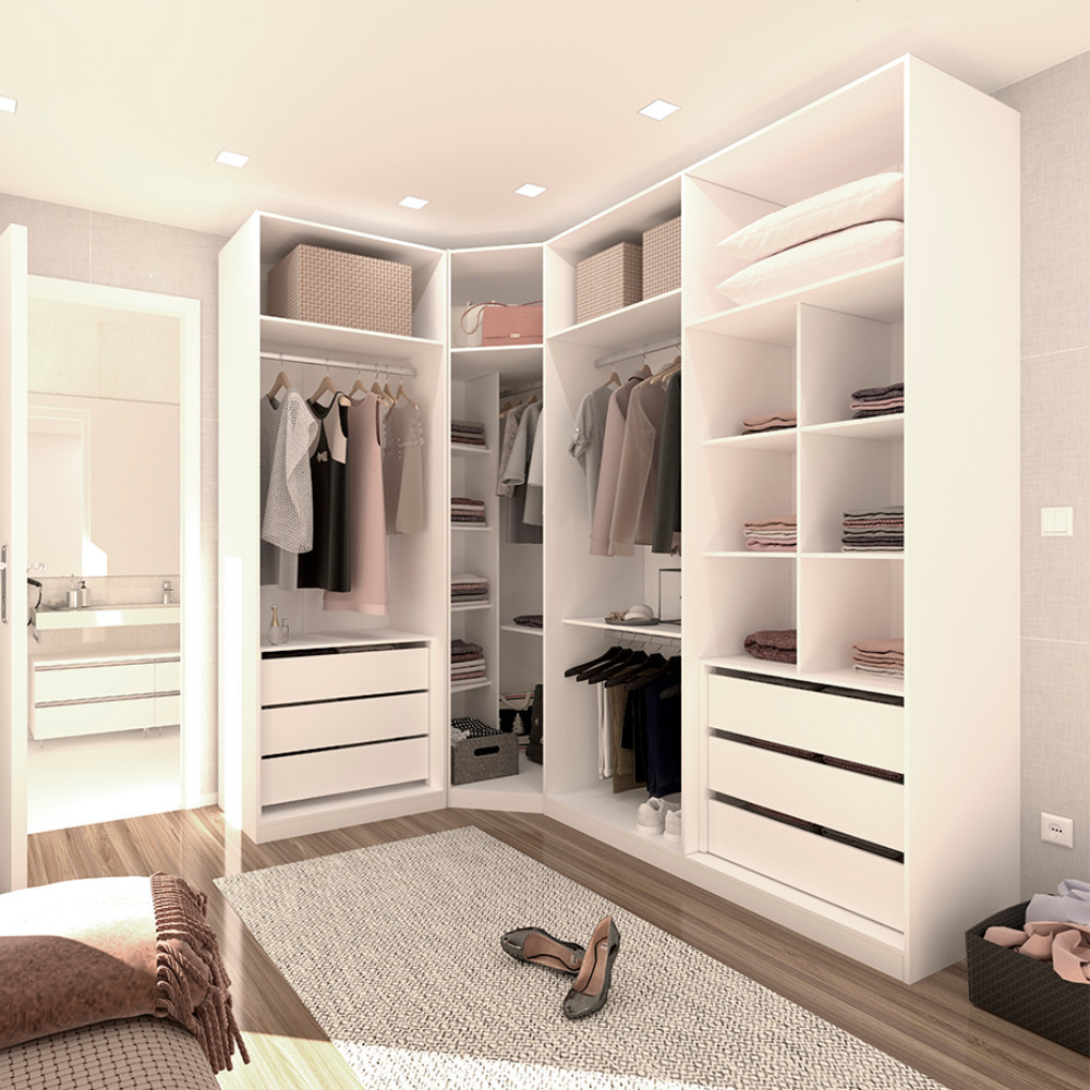 Guarda Roupas de Canto Closet Aberto 3 Módulos com 6 Gavetas 4 Cabideiros Prime Luciane Móveis