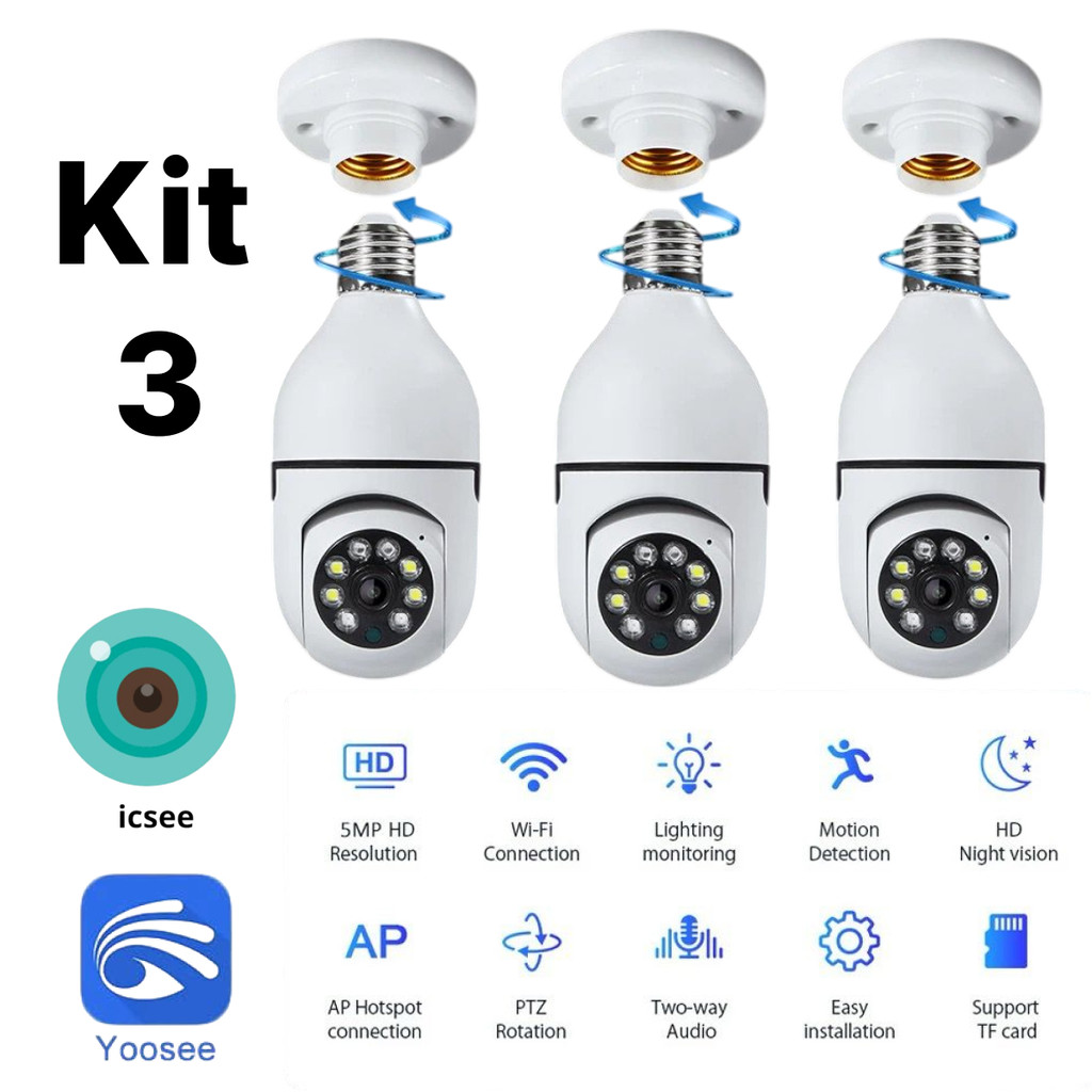 KIT Câmera wifi sem fio giratória 360 com encaixe lampada bocal rosca ...