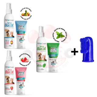 Kit Creme Dental + Escova Dedeira Spray Bucal para caes e gatos Pet Clean varios sabores