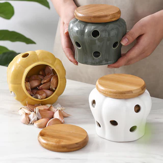 Guarda Alho Cerâmica Recipiente De Grãos Brancos Ventilados Com Tampa De Bambu Pimenta Caixa De Doces Domésticos