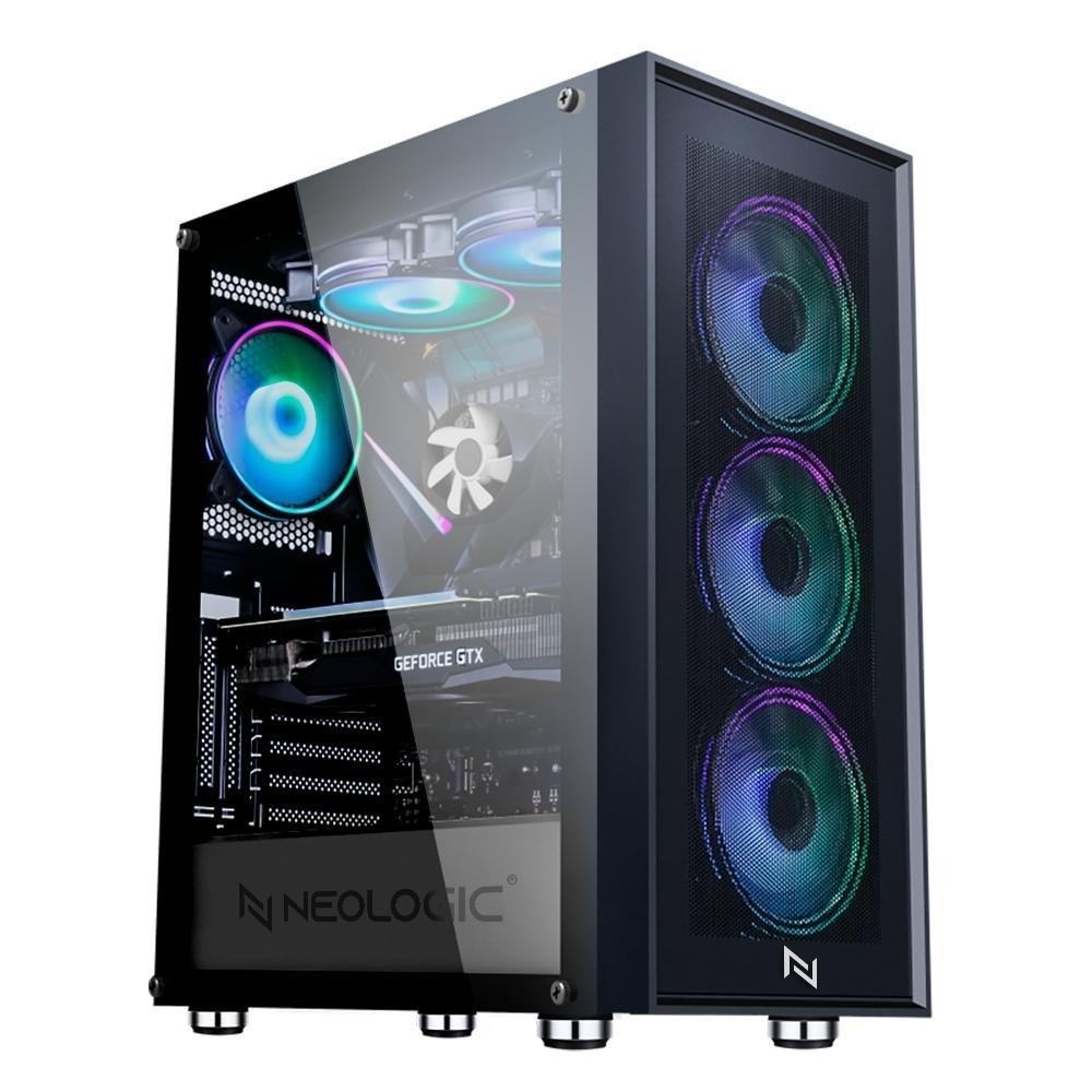 GABINETE GAMER NEOLOGIC GUARDIAN, VIDRO TEMPERADO, COM 3 FANS RAINBOW, PRETO - NLGRDN