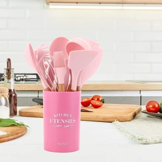 Kit 12 Peças Utensílios De Cozinha Colheres Espatula Silicone Cabo Madeira Decoração Livre BPA