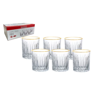 Jogo 6 Copos Baixo Com Borda Dourada Em Vidro 330ml Whisky