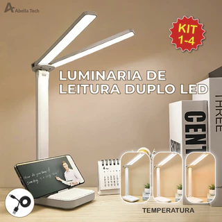 Luminária de Mesa Abajur Led Leitura Dupla 3 Tons de Luz Recarregável USB Portátil Bivolt