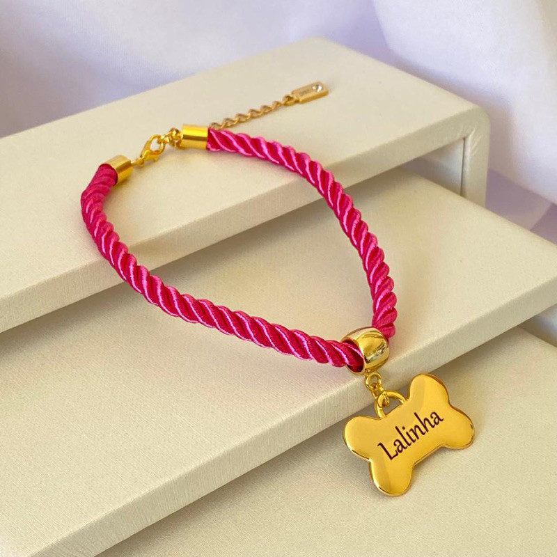 Coleira Osso dourado Resistente Personalizado Cor Azul, Verde, Rosa B4