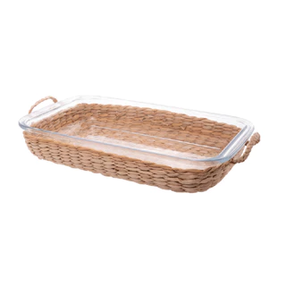Refratário Travessa Assadeira de Vidro Suporte Sisal Fibra Natural Sisal com Alça Pegador 39,5x24x5cm