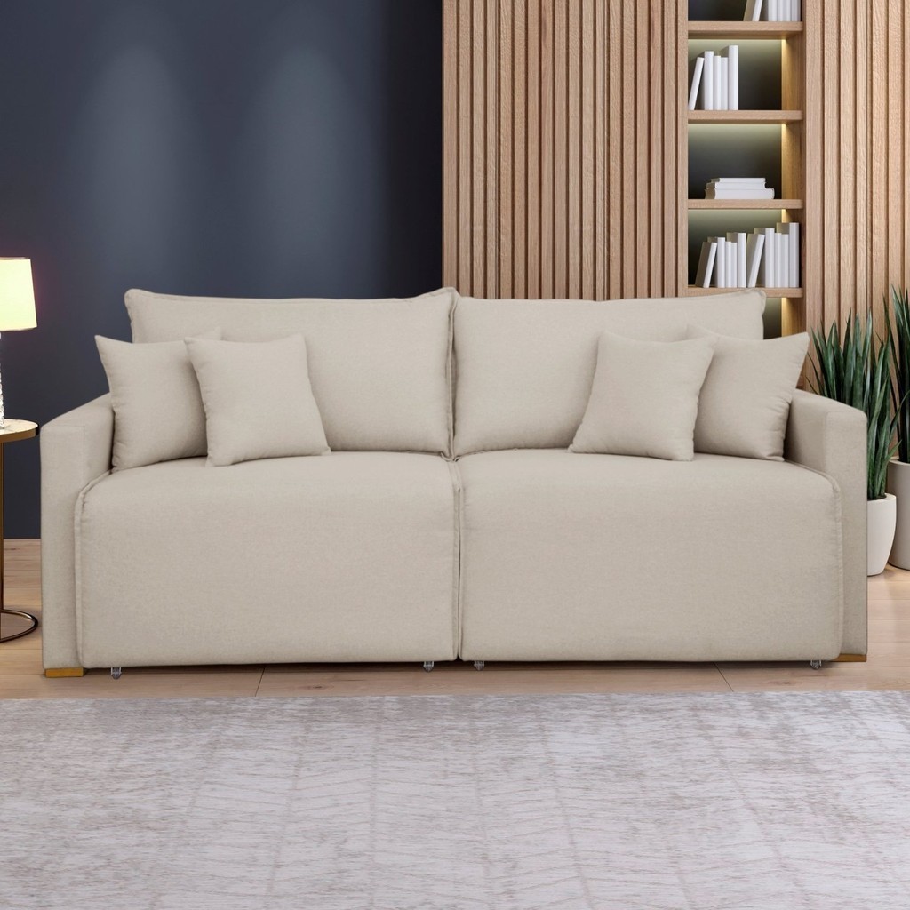 Sofá Cama Retrátil e Reclinável 220cm Júlia Veludo Veludo/Bege Claro