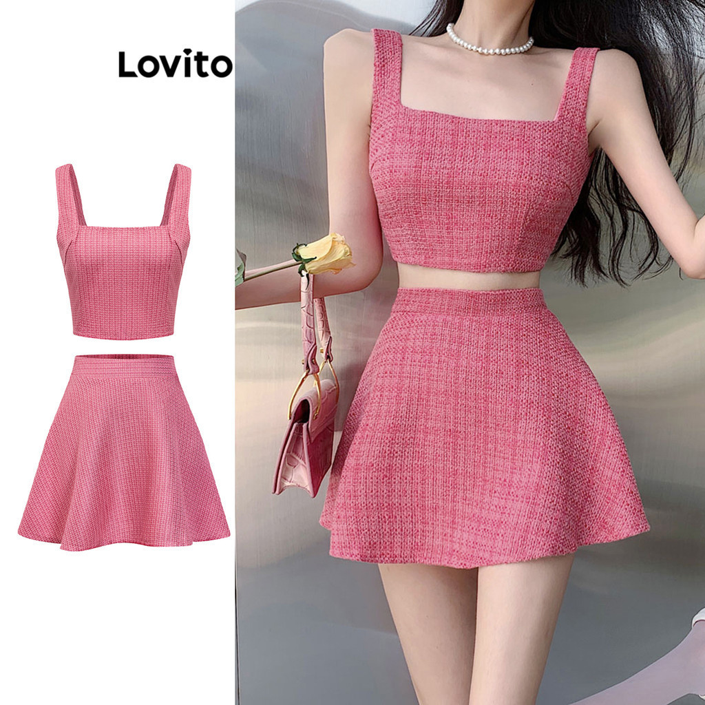 Lovito Conjuntos de saia boho simples de tweed para mulheres L83ED342