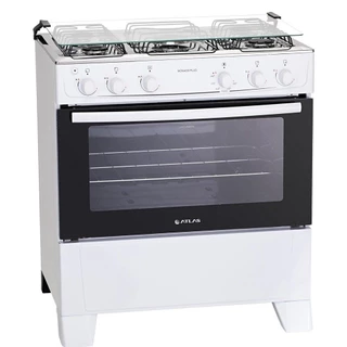 Fogão de Piso Atlas 5 Bocas Mônaco Plus | Mesa de Inox, Acendimento Automático, Branco, Bivolt
