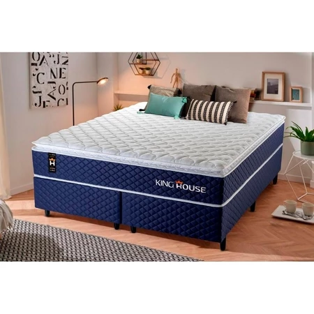 Conjunto Cama Box King Size Lagras 193x203x66 Azul c/ Molas Ensacadas