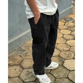 CALÇA CARGO JEANS PRETO BARRA RETO DE 6 BOLSOS ESTILO SKATE STYLE