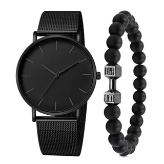 Conjunto De Relógio Masculino Elegante E Minimalista Malha De Metal Com Pulseira De Contas De Quartzo