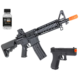 Kit Rifle Fuzil Airsoft Spring Rossi M4 e Pistola V307, 1100 BBs Bolinhas 0.20g