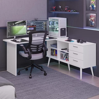Mesa para Computador Gamer em L 3 Gavetas Branco Lisboa Madesa em Oferta na Shopee