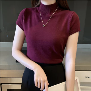 Camiseta Feminina de Tricotado Novo Estilo Coreano Camisa de Camisa de Gola Excêntrica Estilo Coreano Camisa de Manga Curta de Primavera Outono Camisa de Manga Fina Interna