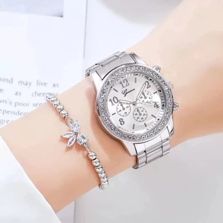Relógio Feminino Casual de Quartzo Genebra 2024 com Três Mostradores e Detalhes de Diamante em Liga Metálica