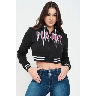 Moletom Feminino Cropped Dupla Face Com Chaveiro Planet Girls Preto