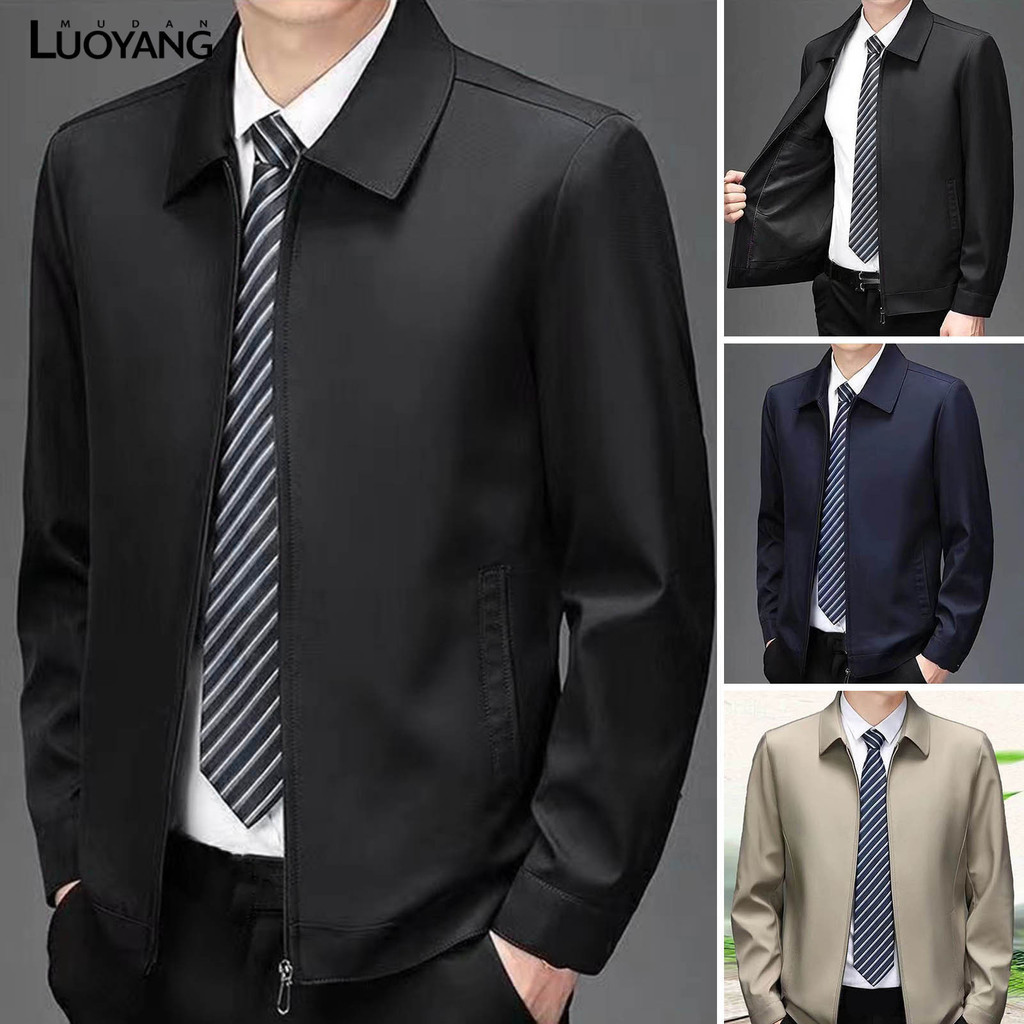 [LYMD] Casaco De Mola De Queda Para Homens Colarinho Com Zíper Liso Fechamento Cardigan Manga Longa Cor Fino Diário Do Pai De Meia-Idade