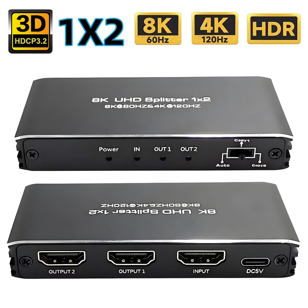 Divisor HDMI 8K 60Hz 1 Em 2 Saídas 2.1 Extrator De Áudio , 1x2 Dolby Vision , ATMOSPHERIC , ALLM HDR , UHD , VRR , HLG Para PS5 XBOX PC Monitor