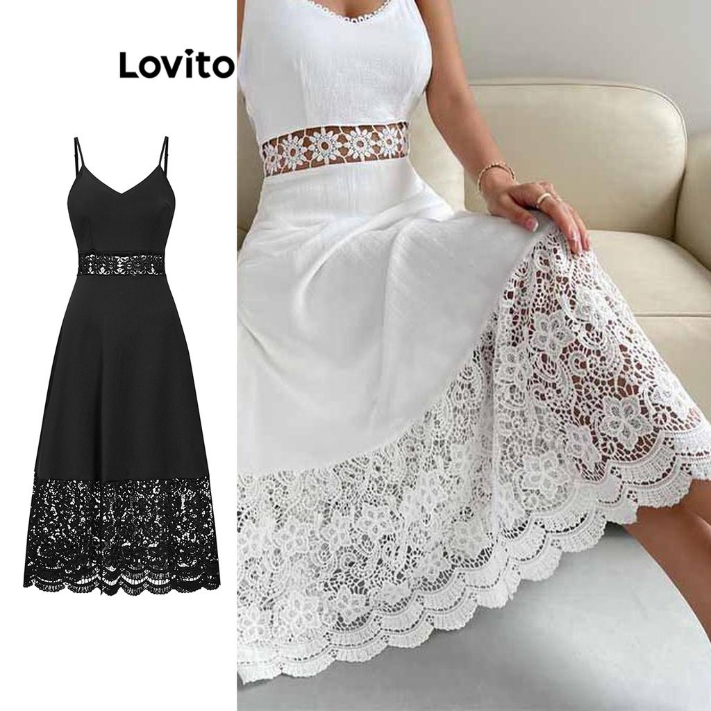 Lovito Boho Vestido Feminino Liso De Renda Com Costura No Tecido