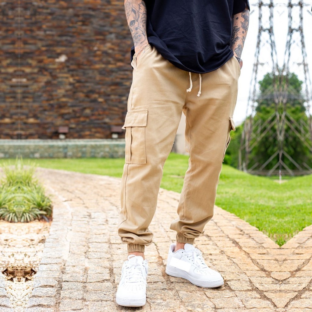 Calça Cargo Masculina Com Punho Bolso Lateral Elástico bolsos