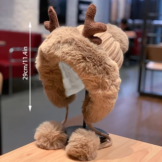 Chapéu De Inverno Versátil De Pelúcia Retro Fashionable Plush De 1 Peça Com Chifre De Veado Fofo Para Sair , Escolha Ideal Presentes