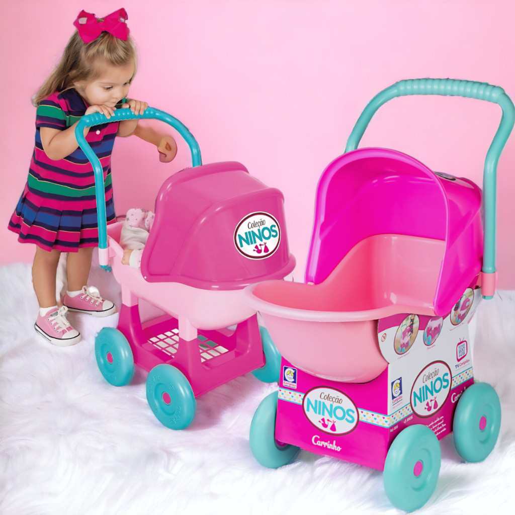 Carrinho de Boneca 64cm Infantil Ninos Reborn C/ Capota Regulável para Passeio Baby