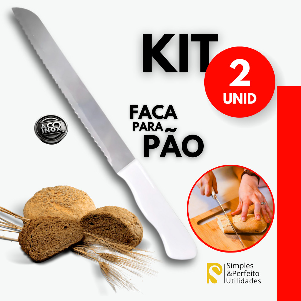 Kit 2 - Peças Faca para Pão Aço Inox Cabo Branco para Cozinh