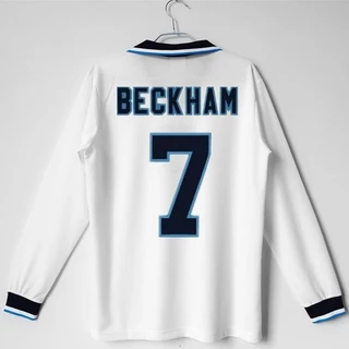 Camisa da Time Retro 1996 7 # BECKHAM Inglaterra Casa Branca Manga Longa Classic Football Shirt MKAY