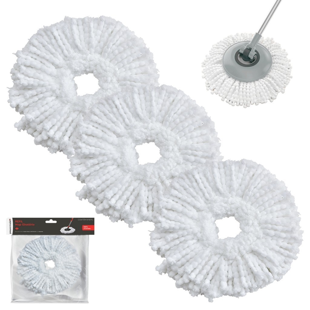 Kit 3 Unidades Refil Mop Giratório Universal Microfibra 360 Refil Para Mop Cesto Plástico