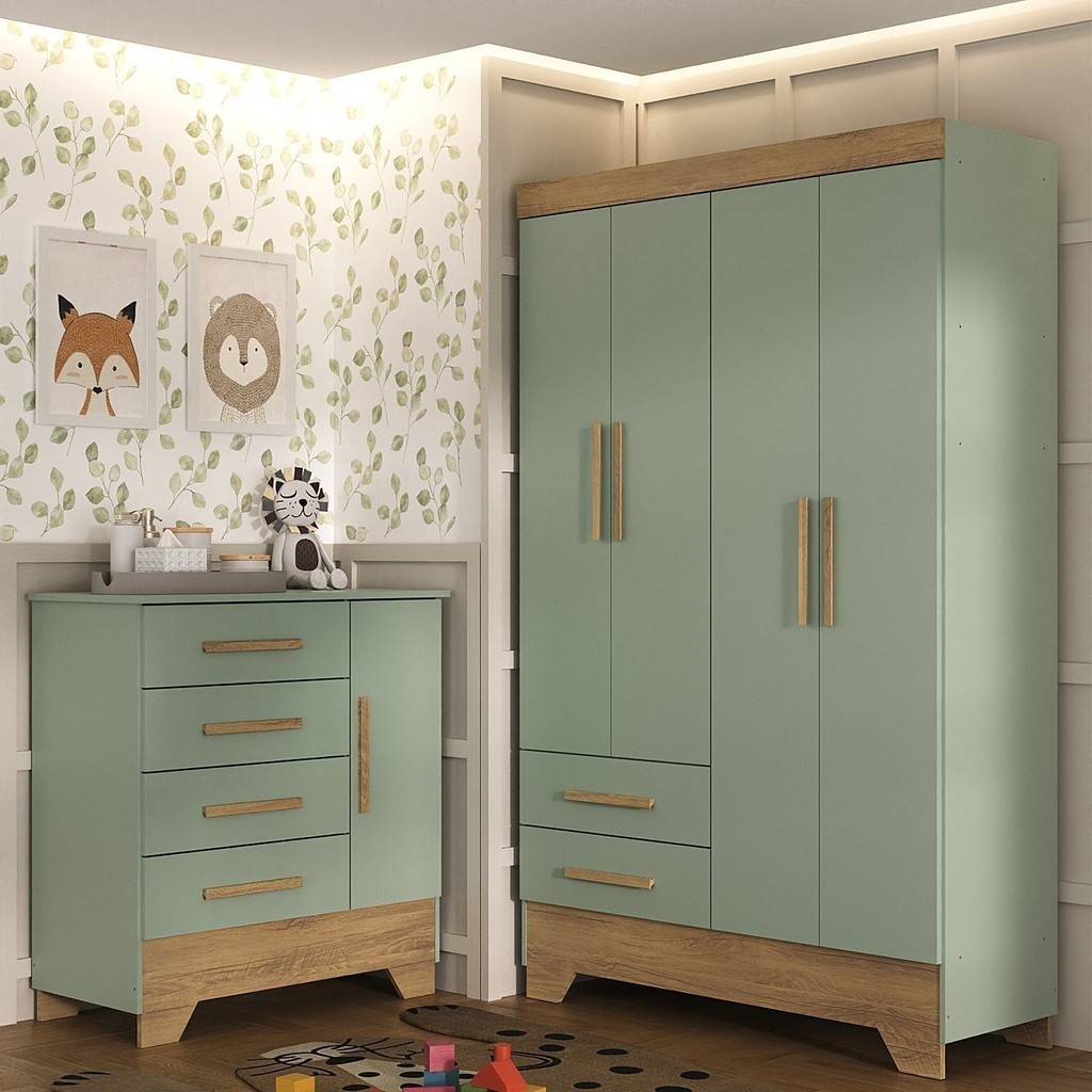 Quarto Infantil Completo Guarda Roupa 4 Portas 2 Gavetas com Cômoda Liz