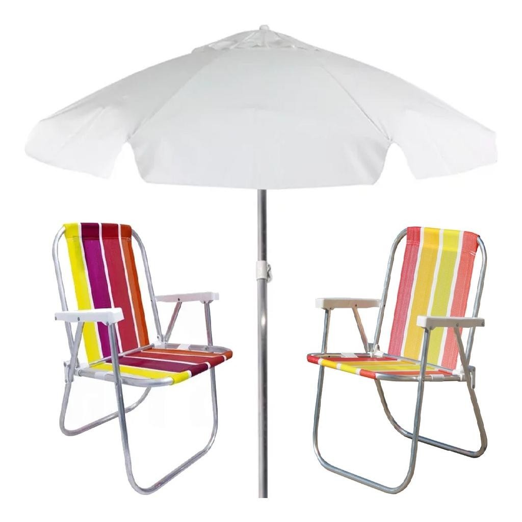 Kit Praia 2 Cadeira De Praia Alta + Guarda-sol 2,00m Branco | Shopee Brasil