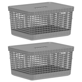 Kit 2 Cesto 8L Organizador Multiuso OU Grid Cinza com Tampa