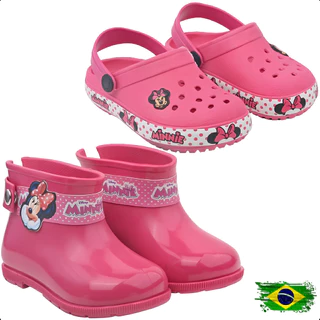 Kit Menina 2 Pares Bota Galocha Impermeável + Babuche Infantil Minnie Rosa