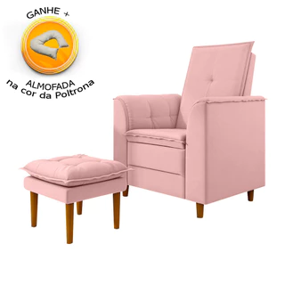 Poltrona de Amamentação Quarto Infantil com Puff Kate Pés Palito Suede Rosa Bebê + Binde Amofada