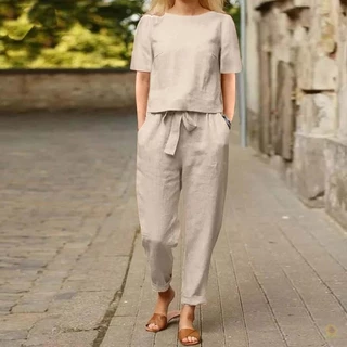 Conjunto de Terno de Linho Outono Casual 528 Algodão Feminino