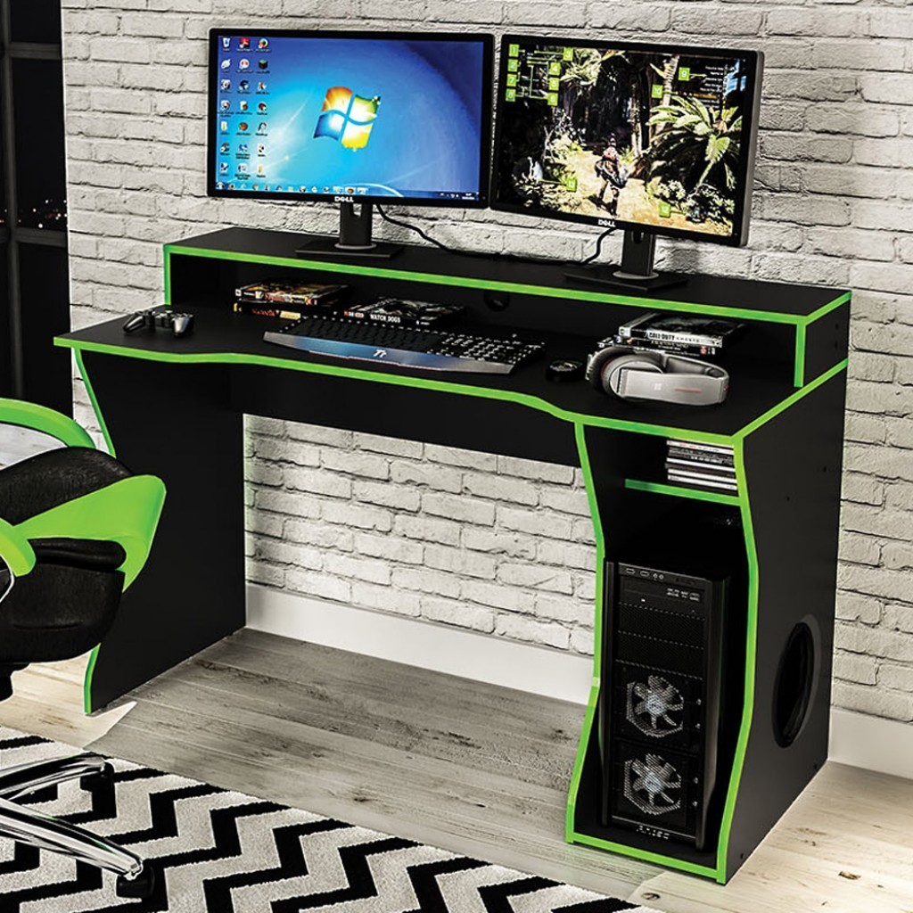 MESA GAMER FRAMONT PARA 2 MONITORES PRETO/VERDE - POLITORNO