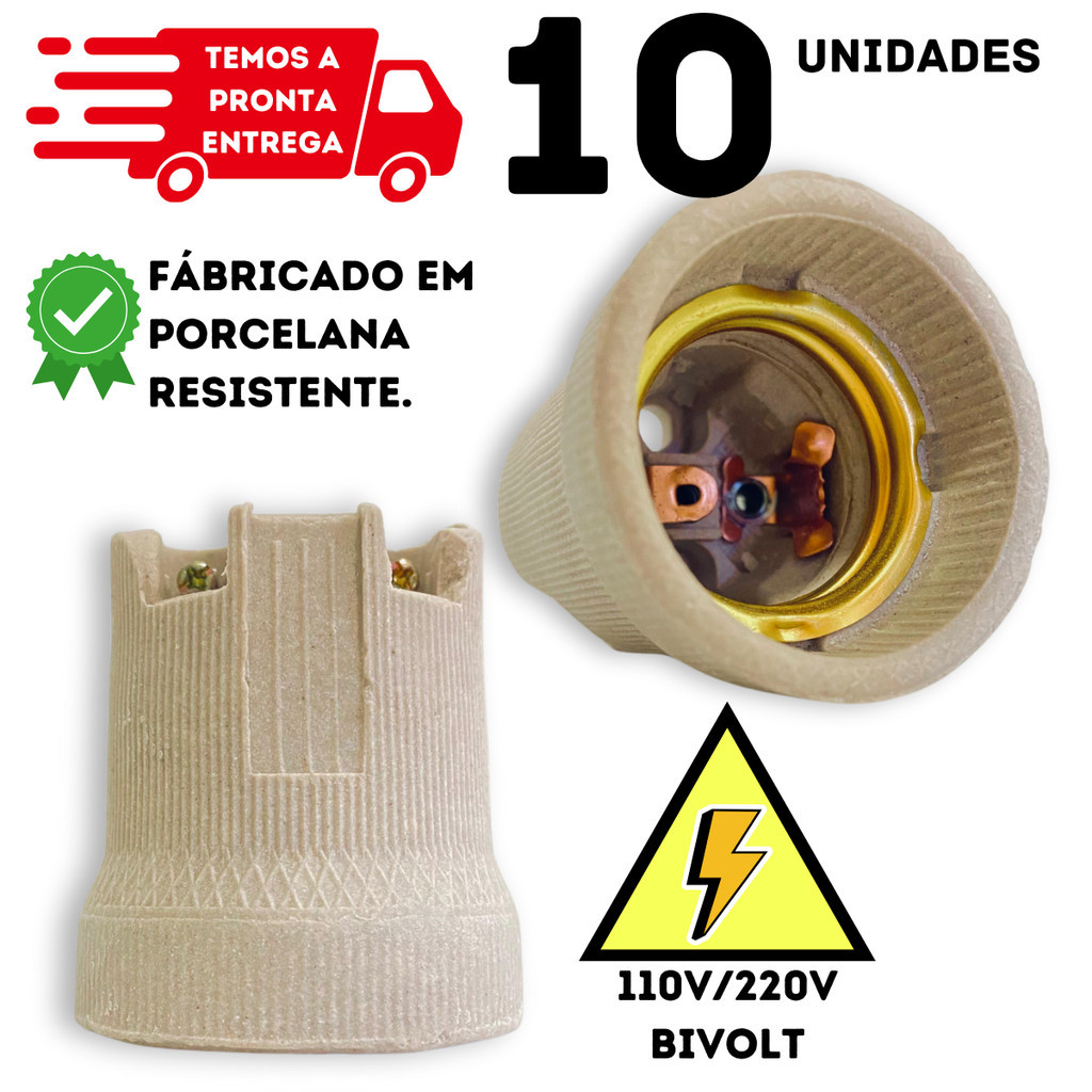 10 Peças Soquete E27 Bocal Porcelana P/ Lâmpadas Luz Bivolt Suporte Luminária Abajur Lustre P/Casa