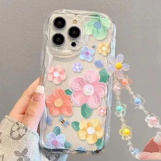 Caixa Para Iphone 11 12 13 14 15 Pro Max 7 8 Plus 7Plus XR Pintura A Óleo Fresco Flores De Margarida Com Alça De Pulso Cobertura De Cordão De Silicone Anti-Choque