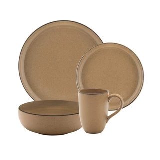 Aparelho Jantar e Lanche Caneca Bowl 16 Peças Flat Ocre Oxford Jogo De Pratos Marrom Rustico Areia