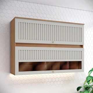 Armário Aéreo 2 Portas Basculantes Ripado com Vidro 120cm Yasmin Espresso Móveis