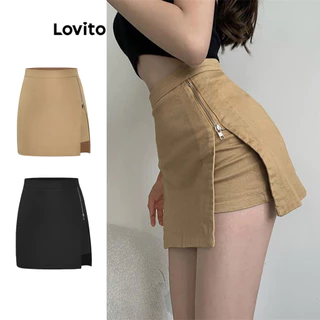 Lovito Short Saia com Fecho Preppy para Mulheres L59ED161 (Cáqui)