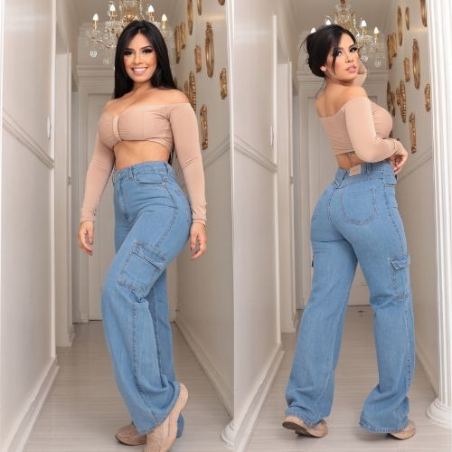 Calça Wide leg Cargo bolso do lado, Feminina Jeans Clara, Pantalona Cintura  alta Premium