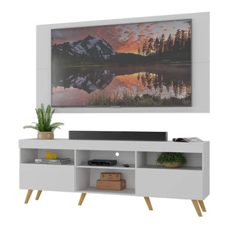 Rack c/ Painel P/TV até 65" e Pés Retrô Flórida Multimóveis Branco/Natural
