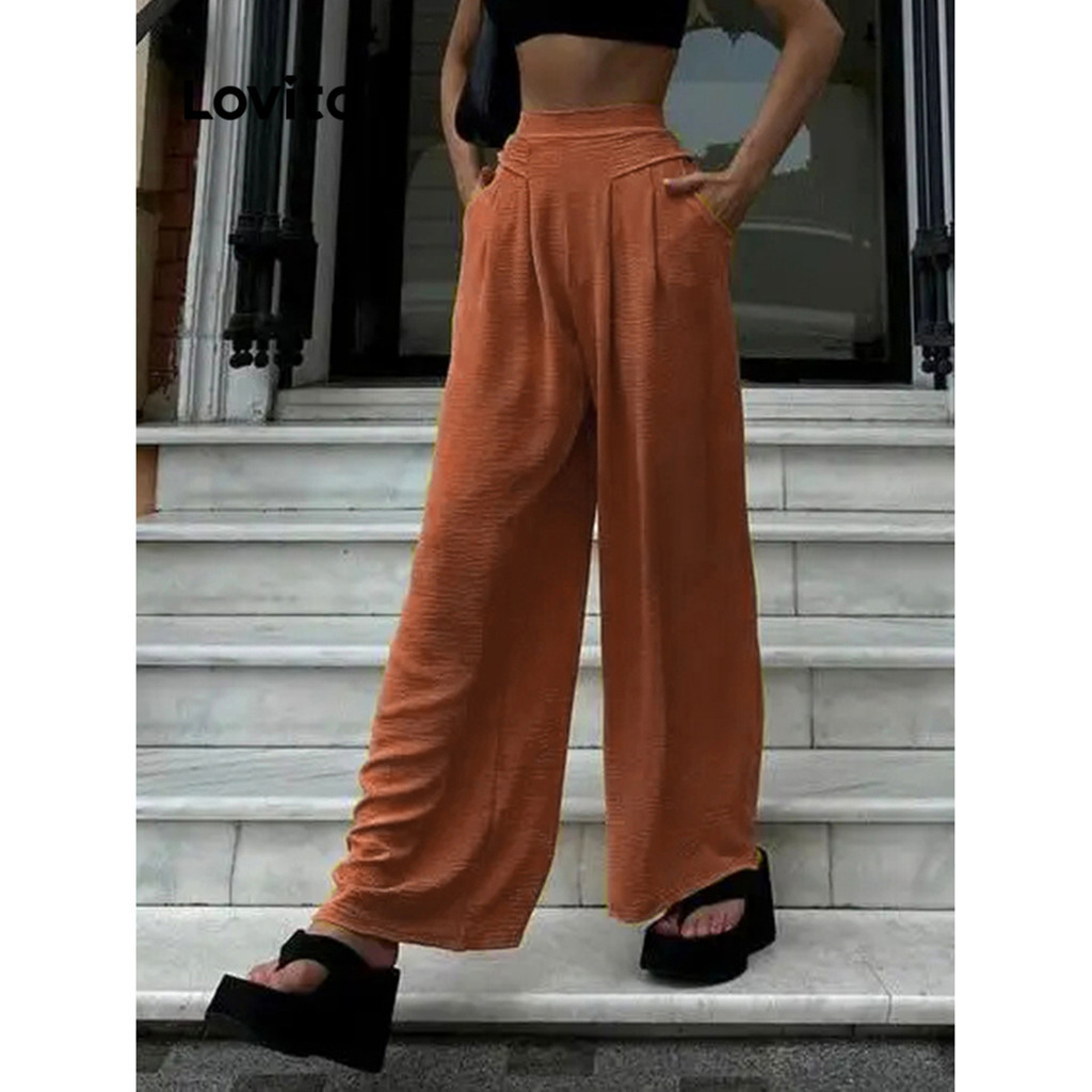 Lovito Calças plissadas casuais com estrutura lisa para mulheres LBL12089