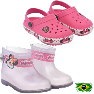 Kit Menina 2 Pares Bota Galocha Impermeável + Babuche Infantil Minnie Transparente