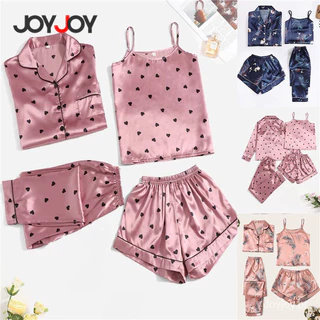 Joyjoy Conjunto de Pijama de Cetim com 4 Peças Feminino – Sexy, Manga Longa, Shorts e Regata em Oferta na Shopee
