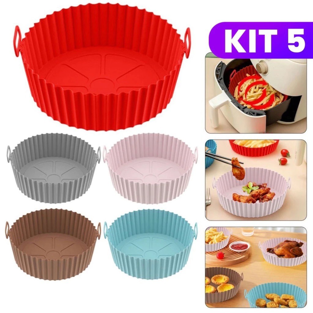 Kit 5 Forma De Silicone Para Air Fryer Forno Microondas Fritadeira Assadeira Reutilizável Antiaderente Flexível