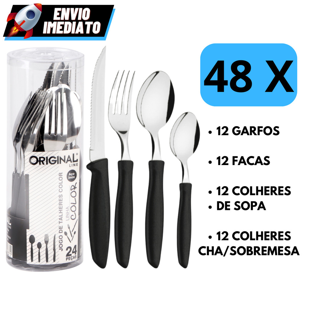 Kit 48 Talheres Preto Inox Premium Cabo Plástico 12 Faca 12 Garfo 12 Colher 12 Colher Sobremesa /Cha