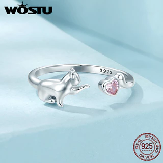 WOSTU 925 Sterling Silver Cute Pet Cat Anel Aberto Para Mulheres Lovely Kitty Pink Heart Zircon Animal Rings Festa De Aniversário De Menina